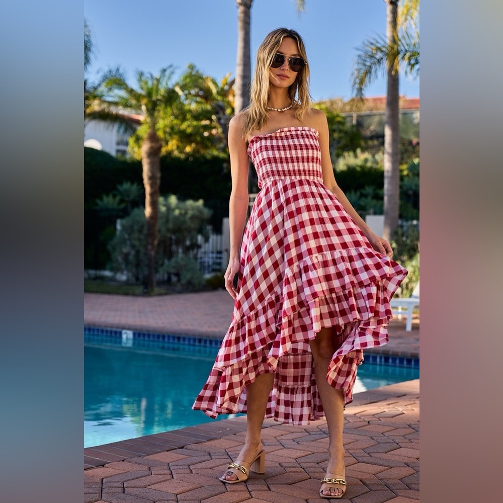 NWT Red Gingham Smocked Off-Shoulder Ruffle Midi Dress High Low | S–XL Summer